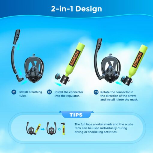 SMACO Mini Scuba Tank with Snorkel Mask 0.5L Portable Small Diving Tank with Full Face Diving Mask Reusable DOT Certified Pony Bottle Diving Cylinder Kit for Snorkeling Recreational Diving S300Plus - Image 4