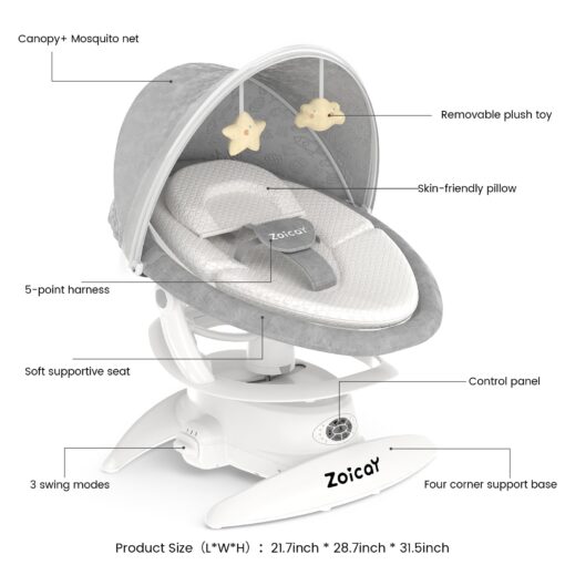 Zoicay 3-in-1 Baby Swing for Infants to Toddler with Motion Detection, Portable Baby Swing & Removable Swing Seat, BT Enabled & 360°Rotating Seat and Manual Remote with 3 Swing Modes & 5-Speeds(White) - Image 2