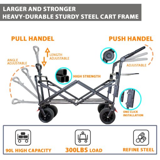 SKYMANOR Collapsible Wagon Folding Garden Cart with Removable Canopy Utility Wagon Cart with All-Terrain Wheels Brake Beach Cart for Sand Heavy Duty Beach Wagon for Camping Shopping (Black) - Image 3