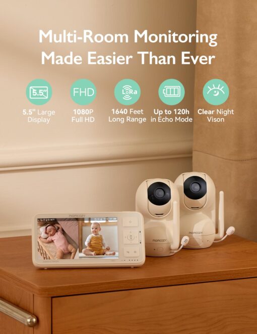 Momcozy Baby Monitor with 2 Cameras 5.5" 1080P Full HD Split Screen Video Baby Monitor with Camera and Audio, No WiFi 5000mAh Battery, ECO, VOX, Clear Night Vision 1640ft Range (SD Card not Included) - Image 8