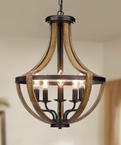 17.7" Modern Farmhouse Geometric Chandelier Light Fixture, 5-Light Adjustable Height Rustic Hanging Pendant Lighting for Dining Room Foyer Kitchen Island, ‎Retro Wood Texture and Black Finish