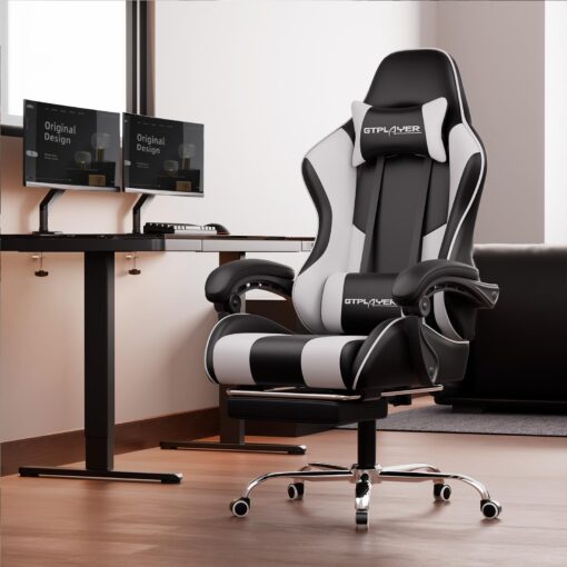 GTPLAYER Gaming Chair, Computer Chair with Footrest and Lumbar Support, Height Adjustable Game Chair with 360°-Swivel Seat and Headrest and for Office or Gaming (White) - Image 8