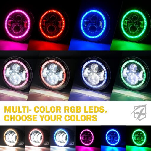 Xprite 7" Inch RGB Halo LED Headlights & 4" Fog Lights Led Combo Headlamp Assembly Dual Controlled RGB Light Kits Compatible with 2007-2018 Jeep Wrangler JK JKU, DOT Approved - Image 7