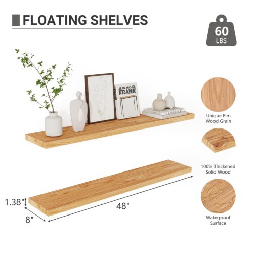 Floating Shelves, 8 Inch Deep Rustic Solid Elm Wood Wall Shelves for Storage, 48" Wall Mounted Wood Shelves for Bedroom, Living Room, Kitchen, Hanging Shelf for Books/Storage/Decor with 60lbs Capacity - Image 2