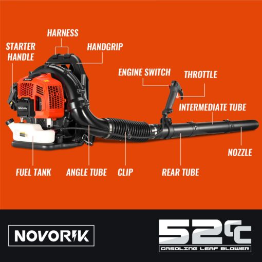 52cc Gas Backpack Leaf Blower, 2.1 HP Engine, High-Velocity 570 CFM, 250 MPH, Ergonomic Design, Low Vibration, and Cruise Control for Yard Work All Year Round - Image 7