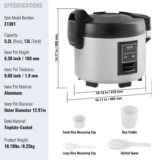 VEVOR Commercial Rice Cooker, 60-Cup Rice Cooker, 13.74 Qt / 13 Liter Large Rice Cooker and Warmer with Nonstick Inner Pot, Fast Cooking and 12-Hour Keep Warm, with Rice Cup and Paddle, for Restaurant - Image 4