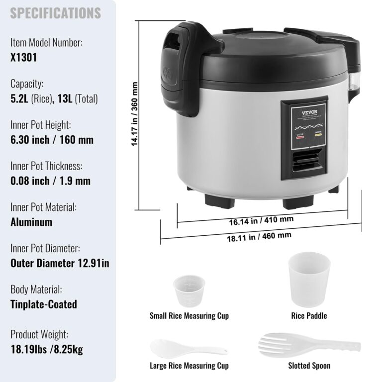 VEVOR Commercial Rice Cooker, 60-Cup Rice Cooker, 13.74 Qt / 13 Liter Large Rice Cooker and Warmer with Nonstick Inner Pot, Fast Cooking and 12-Hour Keep Warm, with Rice Cup and Paddle, for Restaurant - Image 4