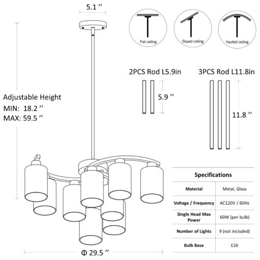 CNRATYE 9-Light Brushed Nickel Glass Chandelier, Adjustable Height Hanging Industrial Dining Room Chandelier Over Table, Modern Farmhouse Chandelier for Kitchen Island Living Room Entryway Bedroom - Image 3