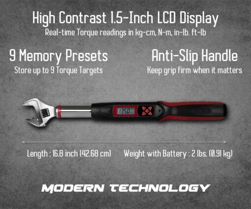 Tapha Tools Adjustable Digital Torque Wrench 19.9 to 99.5 ft-lbs (27-135 N-m) Torque Range, 5-27 mm Adjustable Jaw, LED and Buzzer Notification, Preset Memory, ISO 6789, Calibrated (DKA08N-T135CN) - Image 4