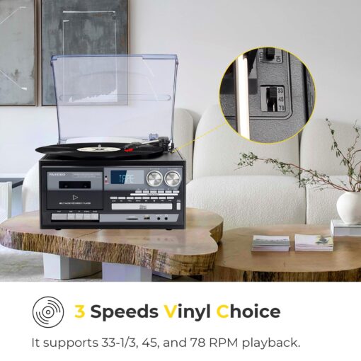 Vintage Record Player 9-in-1 Turntable with Built-in Speakers, AM/FM Radio, CD & Cassette Player, Bluetooth USB/SD Playback, Remote Control, Aux & RCA Inputs, Headphone Jack for Music Fans - Image 5