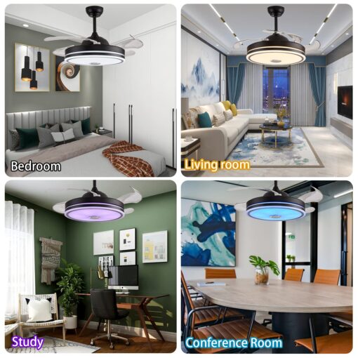 Defloorlight Black 48" Ceiling Fan with Light, Fandelier, Invisible Chandelier, Bluetooth Speaker, RGB Color Changing Remote Control for Living Room/Bedroom, Music, Modern Design - Image 4