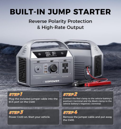 UDPOWER C400 Portable Power Station with Jump Starter & Folding Solar Panel - 400W (Surge 800W) AC Output, 256Wh LiFePO4 Battery, Solar Generator Kit for Camping, Travel, RV, Emergency Power Backup - Image 4