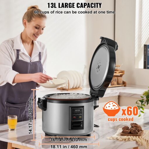 VEVOR Commercial Rice Cooker, 60-Cup Rice Cooker, 13.74 Qt / 13 Liter Large Rice Cooker and Warmer with Nonstick Inner Pot, Fast Cooking and 12-Hour Keep Warm, with Rice Cup and Paddle, for Restaurant - Image 8