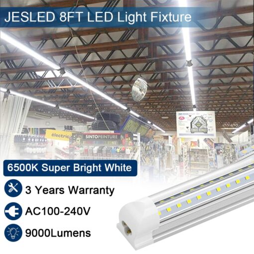 JESLED LED Shop Light 8FT, 72W 6500K Cool White, 9000LM High Output, V Shape, T8 Linkable 8 Foot LED Tube Lights for Garage, Warehouse, Plug and Play, Clear Cover (6-Pack) - Image 8