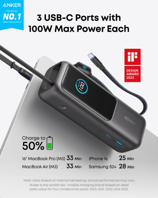 Anker Laptop Power Bank, 25,000mAh Portable Charger with Triple 100W USB-C Ports for Multi-Device Charging, Built-in and Retractable Cables, for iPhone 16/15 Series, MacBook, Samsung, and More - Image 6