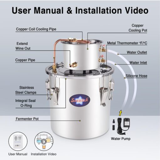 Seeutek Alcohol Still 13.2 Gal 50L Water Alcohol Distiller Spirits Kit w/Circulating Pump, Copper Tube & Dual Display Thermometer, Home Brew Wine Making Kit Oil Boiler Stainless Steel for DIY Whisky - Image 8