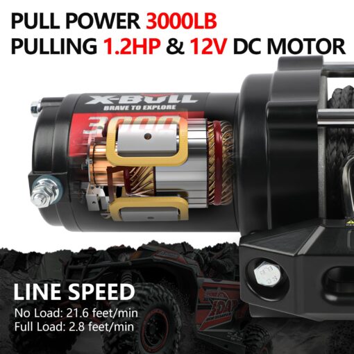X-BULL New 12V DC 3000LBS IP68 Waterproof Electric Winch for Towing ATV/UTV, Boat, Off Road, Wireless Remote and Corded Control Recovery, Portable Synthetic Rope Electric Winch with Hawse Fairlead. - Image 7