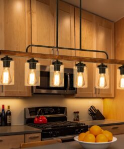 Farmhouse Chandelier 6-Light Dining Room Light Fixture Over Table Kitchen Island Lighting Rustic Chandeliers for Dining Light with Seeded Glass Shade Wood Pendant Lights Kitchen Island