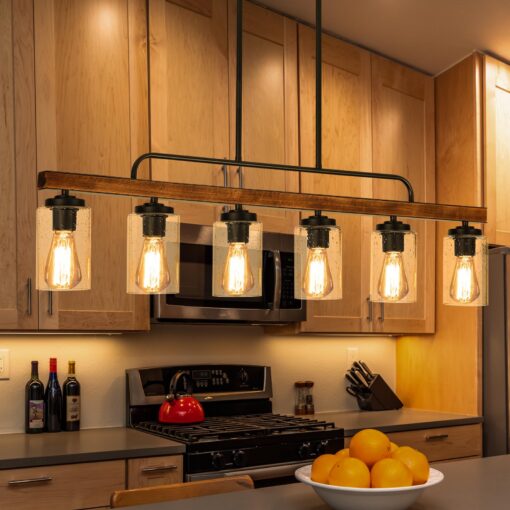 Farmhouse Chandelier 6-Light Dining Room Light Fixture Over Table Kitchen Island Lighting Rustic Chandeliers for Dining Light with Seeded Glass Shade Wood Pendant Lights Kitchen Island