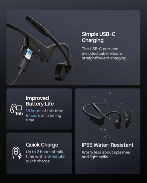OpenComm2 UC 2025 Upgrade - Open-Ear Wireless Computer Headset with Boom Mic, Bone Conduction Bluetooth Stereo Headphones, USB-C Dongle Compatible with PC and Mac, Zoom Certified - C120 UC - Image 5