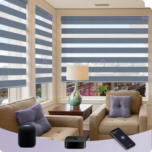 Graywind HomeKit Smart Zebra Blinds Eve Powered Siri Voice Home App Rechargeable Motorized Dual Layer Blinds Privacy Light Control, Custom Size (Luxury Blue Grey)
