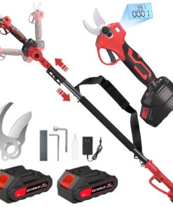 VEITORLD 2-IN-1 Cordless Electric Pole Pruning Shears, 15ft Reach, 1.2" Cutting Diameter, Battery Powered with 2x 2000mAh, Brushless Motor for Efficient Garden Tree Trimming, Branch Cutting（Red）