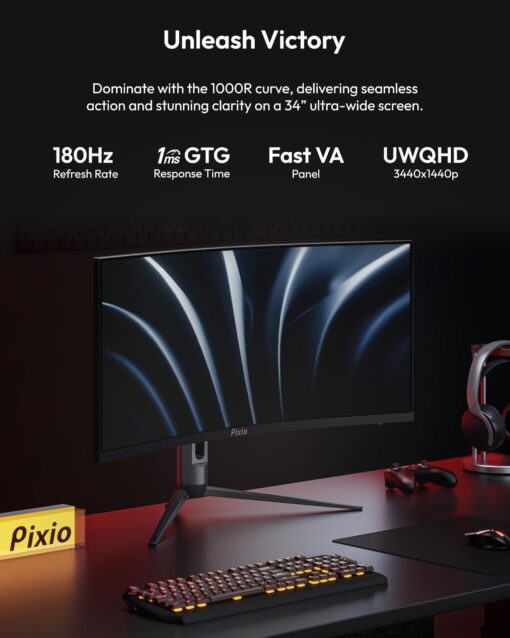 Pixio PXC348C Neo 34 inch 180Hz Refresh Rate UWQHD 1440p Ultrawide Resolution 1000R Curve Fast VA Panel 1ms Response Time USB-C Displayport 65W Charging AMD FreeSync Premium HDR Curved Gaming Monitor - Image 7