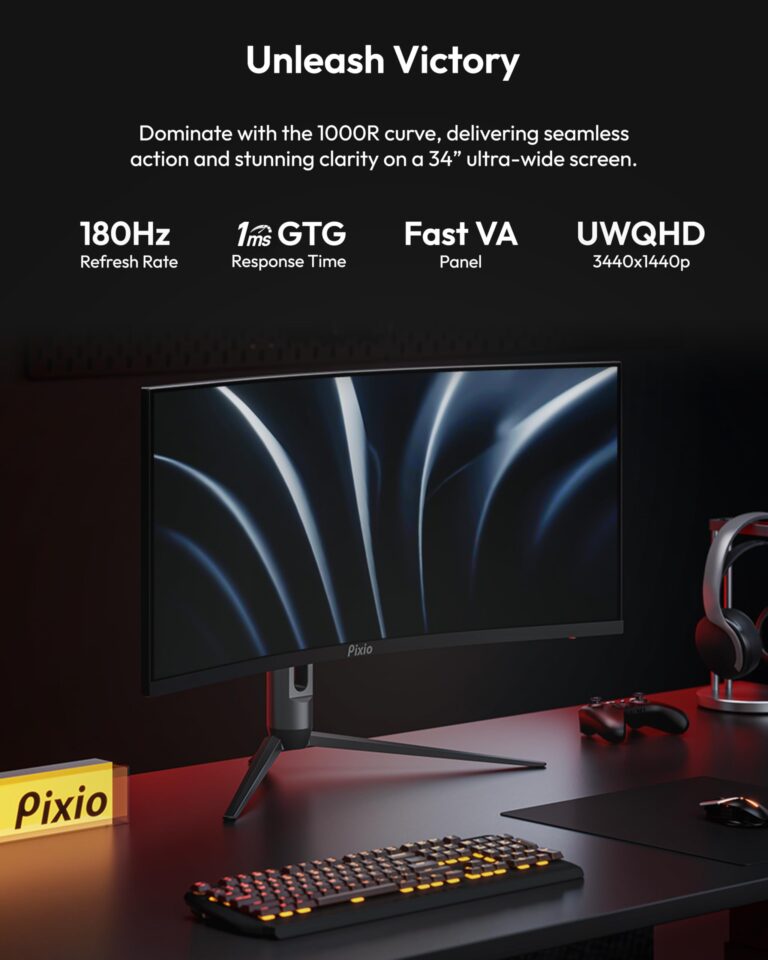 Pixio PXC348C Neo 34 inch 180Hz Refresh Rate UWQHD 1440p Ultrawide Resolution 1000R Curve Fast VA Panel 1ms Response Time USB-C Displayport 65W Charging AMD FreeSync Premium HDR Curved Gaming Monitor - Image 7
