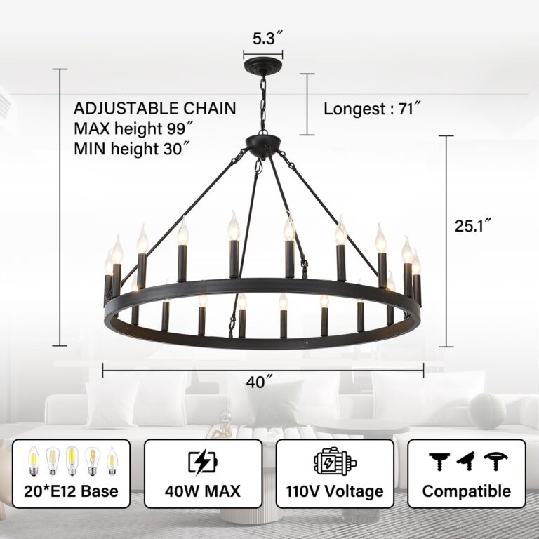 ZBMYRBZJ Black Wagon Wheel Chandelier 40 inch,20-Light Farmhouse Wagon Wheel Chandeliers Round Industrial Ceiling Light fixtures for Outdoor Porch high Ceilings Living Dining Room Foyer Entryway - Image 8