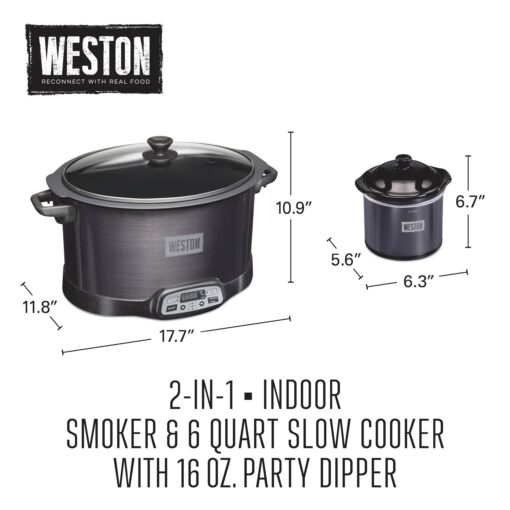 WESTON 2-in-1 Programmable Slow Cooker & Electric Indoor Smoker, 6 Quart, 3-Tier Smoking Rack for Meat, Cheese and More, Dishwasher Safe Crock, Temperature Probe, Includes 16 oz. Party Dipper, Black - Image 2