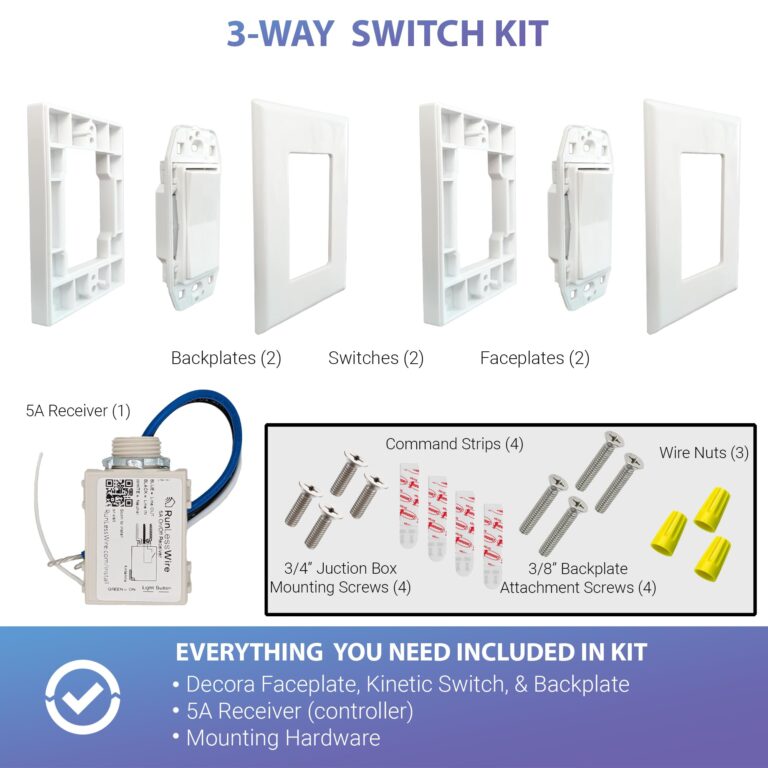 RunLessWire 3-Way Remote Light Switch Kit Wireless Battery-Free Self-Powered Kinetic DIY Wall Switch 150ft RF Range - 3 Way: 1 On/Off Receiver, 2 Switches - Black - Image 3
