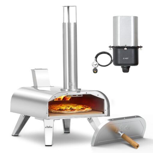 BIG HORN OUTDOORS 12" Multi-Fuel Pizza Oven, Portable Outdoor Pizza Oven, Wood Fired & Propane Gas, Pellet Pizza Maker with Pizza Stone
