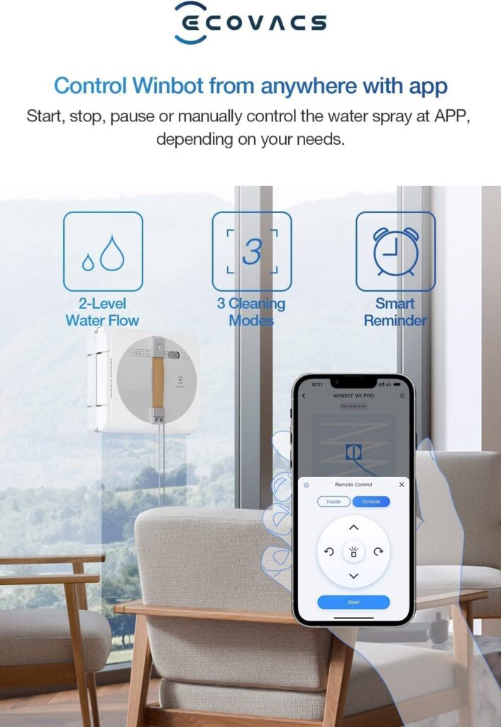 ECOVACS Winbot W1 Pro Window Cleaning Robot, Intelligent Cleaning with Dual Cross Water Spray Technology, Win SLAM 3.0 Path Planning, 2800Pa Suction Power, Edge Detection Technology, App Control,Grey - Image 2