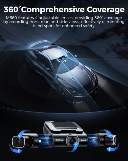 AZDOME 360° 4 Channel Dash Cam with 4 Adjustable Lenses, 128GB eMMC, 2K+1080P*3 Dashcam Front and Rear Inside Left Right, 5G WiFi Dash Camera for Cars, IR Night Vision, Parking Mode, M660 - Image 2