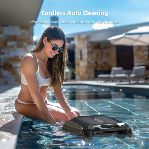 Robotic Solar Pool Skimmer Robot: SMONET SR5 Pro 24/7 Continuous Cleaning Automatic Cordless Solar Powered Pool Surface Cleaner with Dual Charging, Obstacle Avoidance, Carbon Fiber Black - Image 3