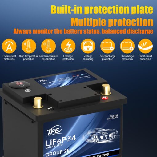 TPE Car Start Stop System BCI Group26 LiFePO4 Lithium-ion Battery 12.8V 800A Lightweight High Performance Battery Battery Level Display Left Negative Right Positive - Image 6