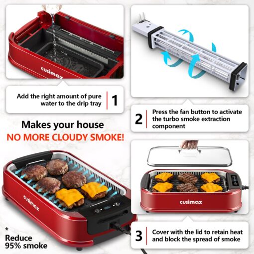 CUSIMAX Smokeless Indoor Grill, Electric Grill Griddle, 1500W Korean BBQ Grill with LED Smart Display & Tempered Glass Lid, Non-stick Removable Grill Plate & Griddle Plate, Red - Image 5