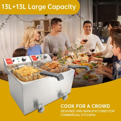 Valgus Dual Tanks Commercial Deep Fryer Electric 1700W 120V 26L Large Capacity Stainless Steel Countertop Kitchen Frying Machine with Basket & Lid, Drain System for Home Kitchen and Restaurant - Image 3