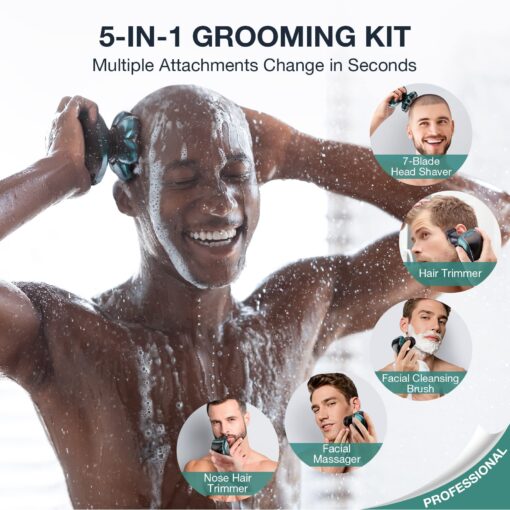 Head Shaver 7D, Wyklaus Head Shavers for Bald Men, Head Electric Razor with Nose Hair Trimmer, Waterproof Wet Dry Mens Grooming Kit, Anti-Pinch (Green) - Image 3
