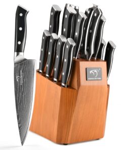 Kitchen Knife Set, 18-Piece Damascus Kitchen Knife Set with Block, ABS Ergonomic Handle for Chef Knife Set, Knife Sharpener and Kitchen Shears, Knife Block Set
