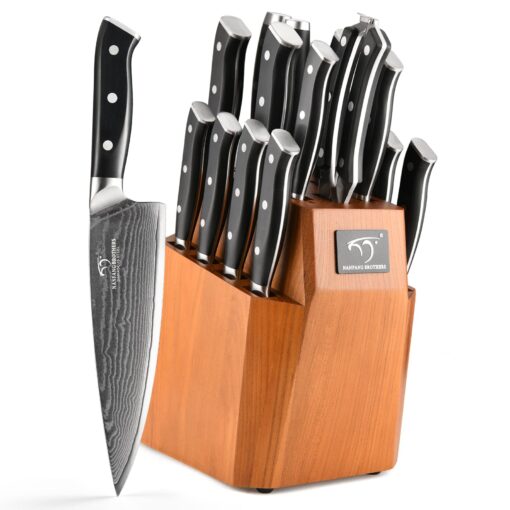 Kitchen Knife Set, 18-Piece Damascus Kitchen Knife Set with Block, ABS Ergonomic Handle for Chef Knife Set, Knife Sharpener and Kitchen Shears, Knife Block Set