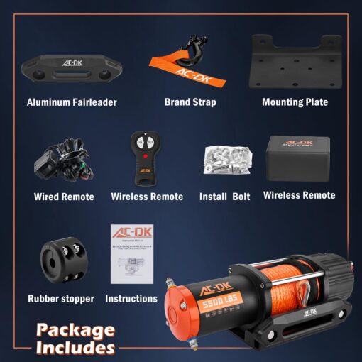 AC-DK 5500 lb ATV/UTV Winch Synthetic Rope Kits, 12V Winch with Wireless Remote for Off Road Trailer Boat RV Towing Winches, Waterproof Winch with Mounting Plate and Wired Remote - Image 3