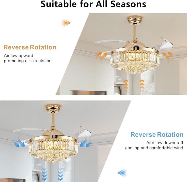 42'' Fandelier Ceiling Fans with Light, Chandelier Ceiling Fan, Retractable Crystal Ceiling Fan for Bedroom, Living Room, 3 Color Change, LED Dimmable, 6 Speeds, Reversible DC Motor-Gold - Image 6