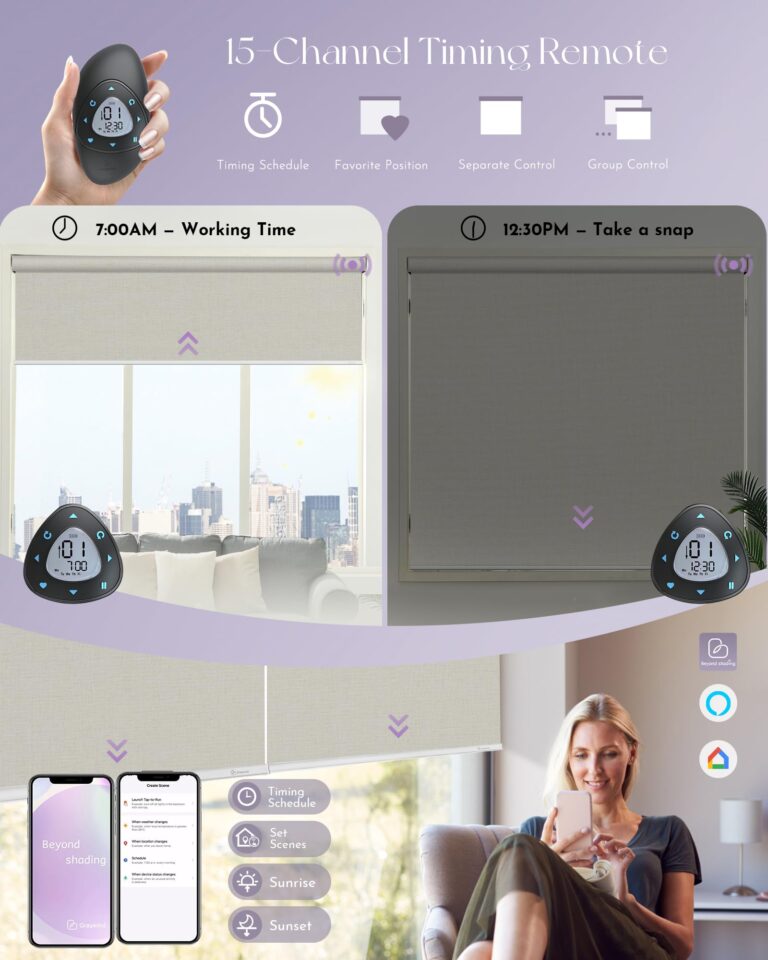 Graywind Smart Blackout Roller Shades Compatible with Alexa Google Triple Weaved Fabric Rechargeable Motorized Blinds Cordless Remote Control Window Shades, Custom Size (Beige White) - Image 5