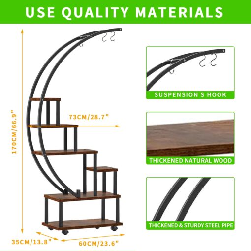 homegroove 2 pcs 6 Tier Tall Metal Plant Stand Indoor, Half Moon Shape Large Plant Shelf with Detachable Wheels, Curved Ladder Flower Pot Stand Rack for Home Patio Lawn Garden Balcony Round-Brown - Image 7