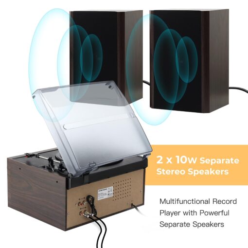 3-Speed Turntable 10 in 1Record Player with Bluetooth, AM/FM Radio, USB/SD/MMC, CD/Cassette Playback, Remote Control, and 2 External Speakers – Great for Gifting - Image 3