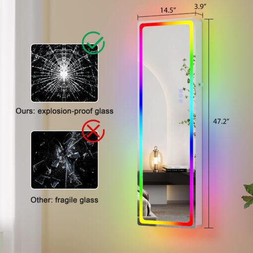 HNEBC LED Mirror Jewelry Cabinet with RGB Lights,47.2" Wall Mounted Jewelry Organizer with Full-Length Mirror,Over The Door Hanging Jewelry Armoire Storage Cabinet,Folding Dresser,2 Drawers,Lockable - Image 8