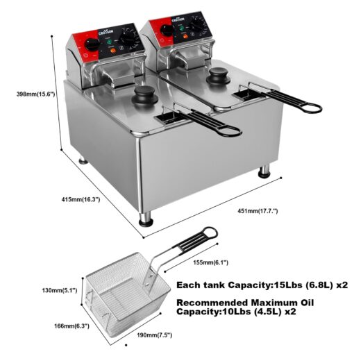 CROSSON 20Lbs Dual Tank Electric Deep Fryer with Rotary fryer head,30 Minitues Timer,Removable 304 SS Oil Tank with Handle,9L Countertop Deep Fryer for Home Use - Image 2