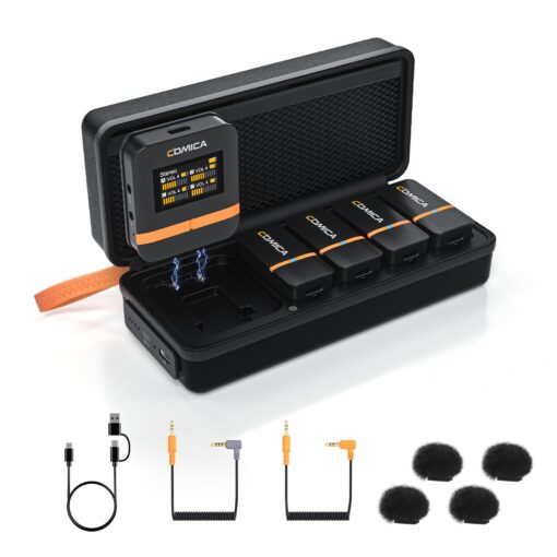 COMICA Vimo Q Wireless Lavalier Microphone System with 4 Transmitters and 1 Receiver, 4 Audio Tracks Individual Output, Noise Cancellation, 656' Range, Lav Mic for Camera, iPhone, Android, PC, etc