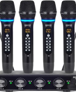 ZERFUN 4 Channel Rechargeable Wireless Microphone System, Pro UHF Metal Handheld Wireless Microphones Cordless Mics with Echo Treble BASS VOL Channel Control for Karaoke Singing Church(GT-200)